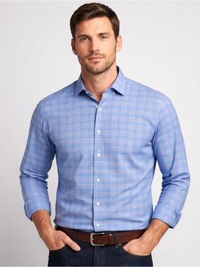 Peter Millar Men’s Medium Blue Plaid Button Down Shirt 100% Cotton Classic Fit
